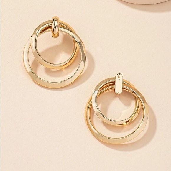 Round Drop Gold Hoop Earrings - Picture 4 of 5